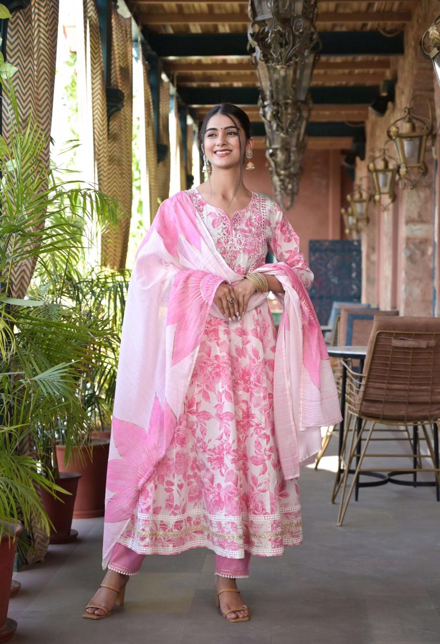 White Pink Floral Anarkali Kurti With Pant And Dupatta Sets Catalogue